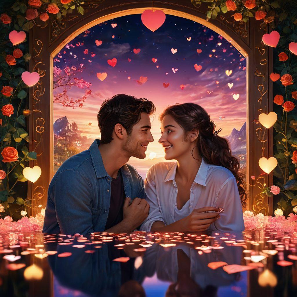 A romantic scene featuring a couple engaging in an interactive game, surrounded by hearts and glowing gaming elements. The couple is smiling, with their eyes focused on the screen, embodying love and connection through gaming. The background illustrates fantasy game landscapes blending with symbols of affection like roses and chocolates. Soft, warm lighting accentuates the mood of intimacy and joy. vibrant colors. digital art.