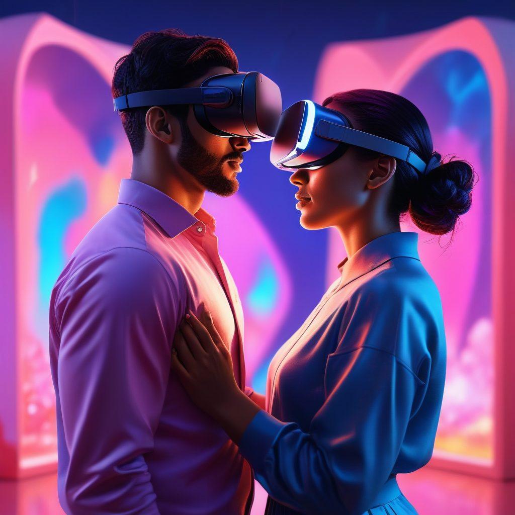 A digital landscape featuring two diverse people engaging in a virtual reality connection, surrounded by vibrant holographic elements that symbolize emotion and devotion. The background is filled with abstract shapes representing shared memories and fond experiences, emphasizing a warm, inviting atmosphere. Soft, glowing lights create a sense of intimacy and connection. The color palette is rich with deep blues and warm pinks, evoking feelings of love and togetherness. 3D. vibrant colors.